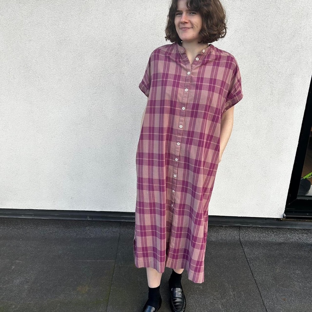 Button-Front Midi Dress in Pink Plaid